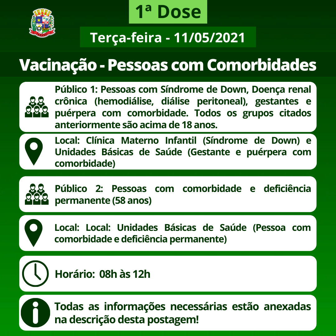 Cronograma de Vacinação contra Covid-19 (Comorbidades) - Terça-feira - 11/05/2021